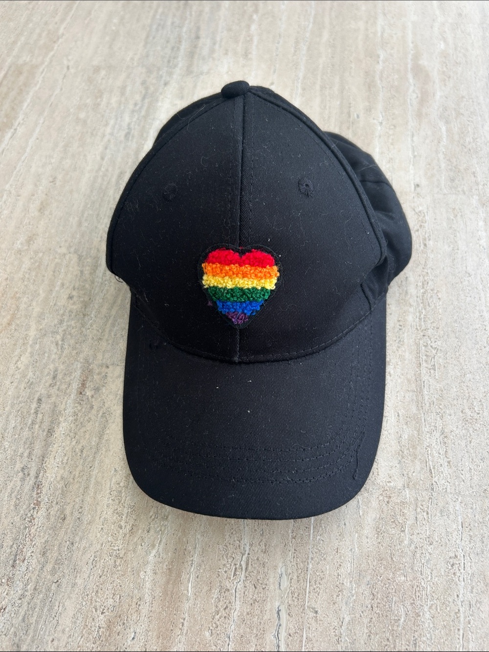 Black Baseball Cap with Rainbow Heart Patch